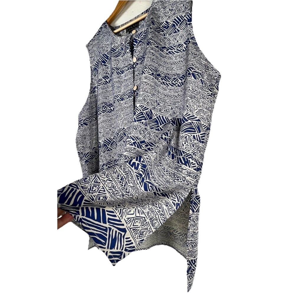 Bogari Woman 100% Silk Sleeveless Tunic Top Blue White Tribal Print Size 24W - Picture 6 of 13